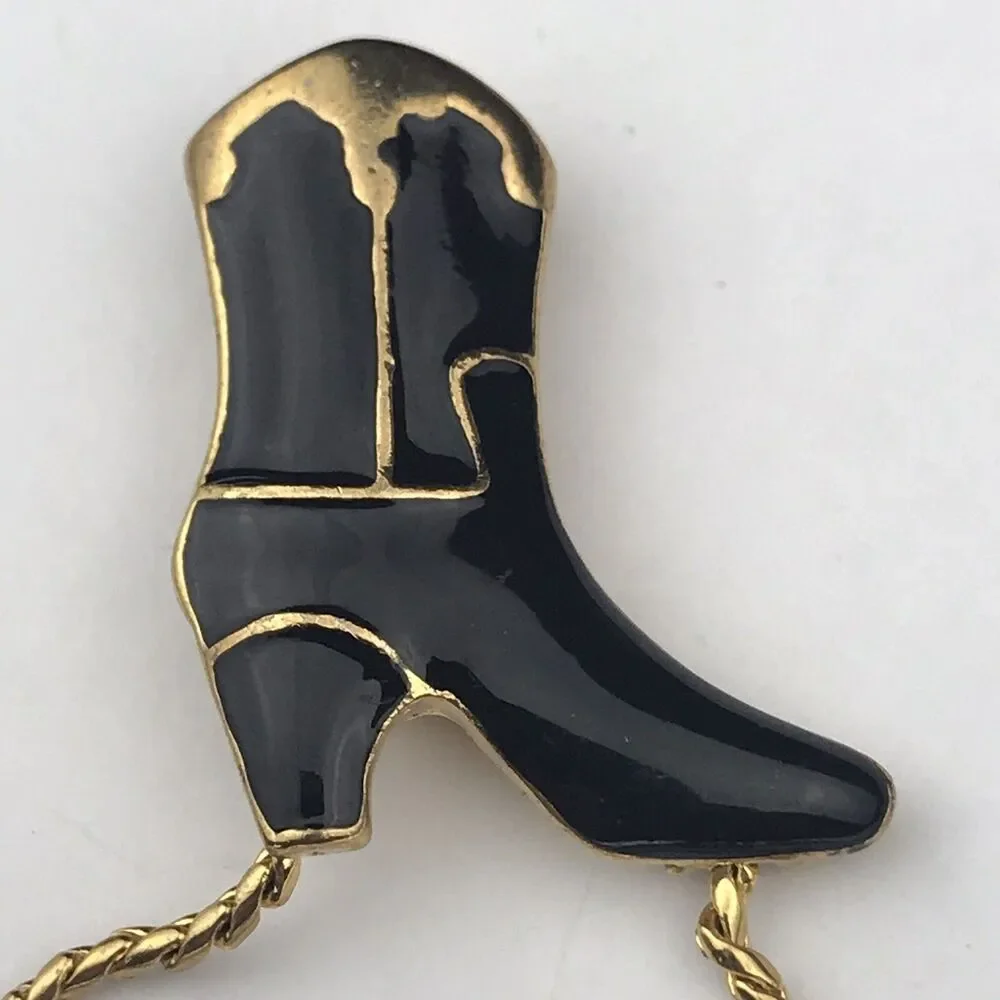 Cowboy Boot Southwestern Pin Brooch Vintage Gold Tone Black Enamel Metal Rope